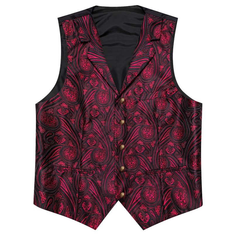 Barry.Wang Red Black Mens Silk Lapel Collar Vest Tie Sleeve