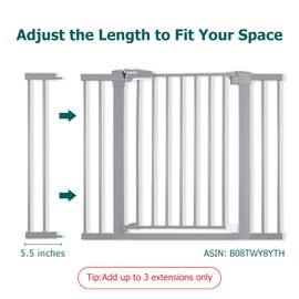BABELIO Baby Metal Gate Extension, 5.5 Inch Gray Extra Wide Pet Gate for Stairs & Doorways, Pressure Mounted Baby Gate Dog Gate, No Tools Required,30" Tall