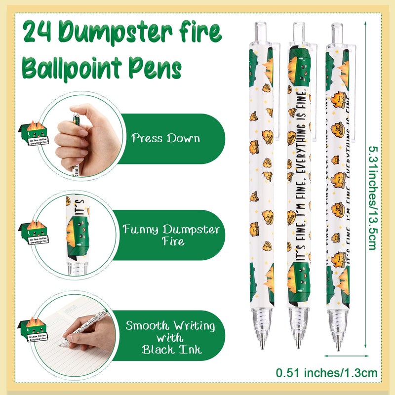 24 Sets Dumpster Fire Gifts Funny Ballpoint Pens and Bookmarks