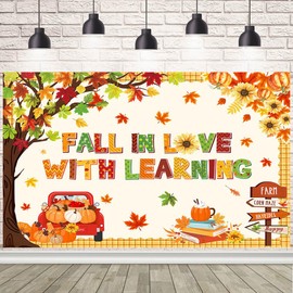 AIBIIN 7x5ft Fall in Love with Learning Banner Decorations Autumn Maple Leaves Pumpkin Fall Theme Classroom Decorations for Thanksgiving School Home Wall Decor Supplies