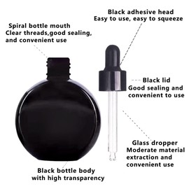 PYAWI 6Pcs,2 oz Black Glass Dropper Bottles for Essential Oils,60ml flat round perfume bottle with Eye Droppers,for Essential Oils,Perfumes, Serums,Leakproof for Travel (Black)