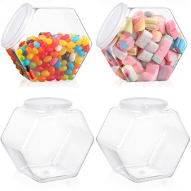 Atarvana Plastic Candy Jars 72oz Set of 4, Hexagon Candy Containers with Airtight Lids for Candy Buffet, Kitchen Storage Containers Set