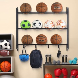 MyGift Deluxe Modern Matte Black Metal Wall Mounted Sports Ball Rack - Gym Exercise Equipment Storage Organizer Shelf Display with 4 S-Hooks