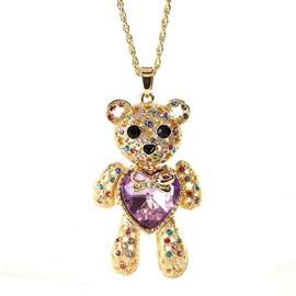 AOCHEE Teddy Bear Necklace Love Heart Crystal Pendant Jewelry for Daughter Girlfriend Princess (Purple)