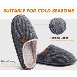 Coface Men's Memory Foam Slippers Warm Plaid Slippers Fluffy Plush Lined with Non-Slip Rubber Sole, Grey twill, 45 EU