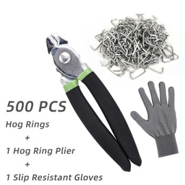 Hog Ring Pliers Kit with 500 Pcs 3/4" Hog Rings Galvanized Steel Hog Ring Pliers Kit for Fencing and Auto Upholstery,Bagging,DIYCraft,Furniture