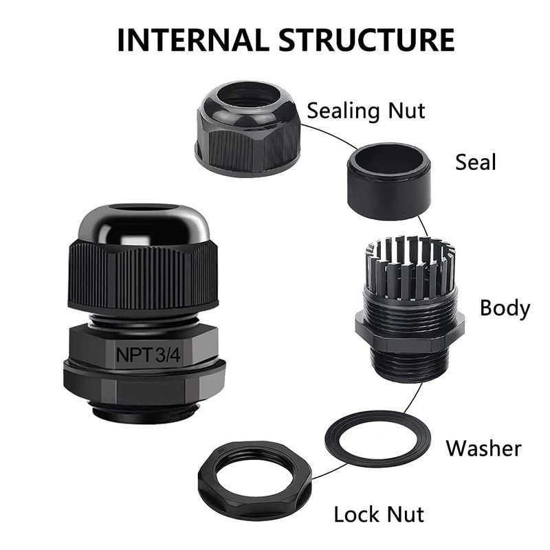AIRIC 3/4" NPT Cable Glands Nylon PA66, IP68 Waterproof Adjustable