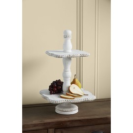 Mud Pie White Beaded Tiered Server, 20" x 13"