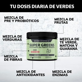 Super Greens, Jugo Verde, Matcha, Espirulina, T Verde, Espinaca, Clorofila, Moringa, Melena de Len, Enzimas Digestivas (Digestive Enzymes Fibra),...  