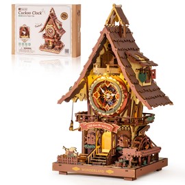 ROBOTIME 3D Wooden Puzzles for Adults-Cuckoo Clock Wooden Models for Adults to Build-435 Piece Model Kit with 2 Lights-Gift for Craft Enthusiast Model Building Set (Colourful)