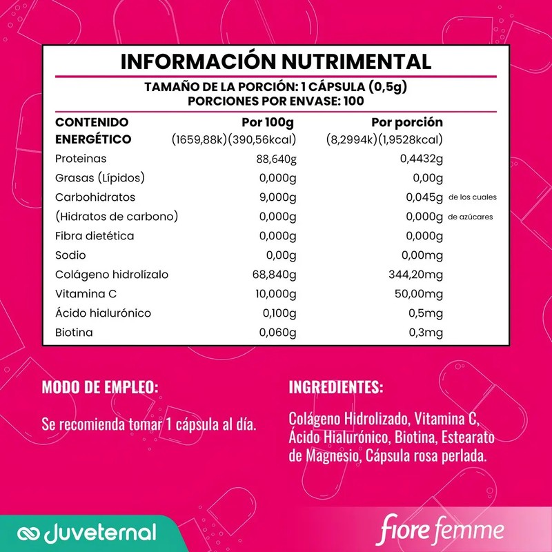 Suplemento Alimenticio Fiore Femme Ácido Hialurónico Cápsulas Sin Sabor 100