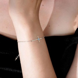 LOCIBLO March Birthstone Bracelets for Women 925 Sterling Silver Blue Synthetic Aquamarine Bracelet White Gold Octopus Star Cross Pendant Crucifix Jewellery for Her, 8"