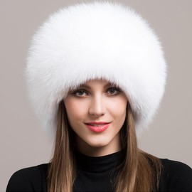 Women Real Fox Fur Hat Winter Thick Warm Luxury Pelt Furry Hats Fluffy Cap Fashion Natural with Tail Pompom (US, Numeric, 5 7/8, White)