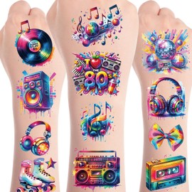80s Temporary Tattoos for Birthday Party - Retro Disco 1980s Party Favors Goodie Bag Fillers Supplies, Women Kids Adults Boys Girls Hand Face Body Arm Tattoo Stickers Decorations Gifts(8 Sheets)