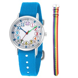 CHAOTECHY Kids Analog Quartz Wrist Watch Girls Boys Learning Watch 2pcs Change Interchangeable Textile Strap,Learning Read Time (Rainbow+Blue)