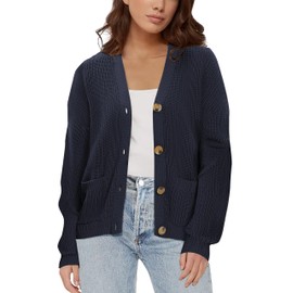 Urban CoCo Women's Chunky Knit Open Front V-Neck Long Sleeve Button Casual Cardigan with Pockets, Navy Blue, Medium