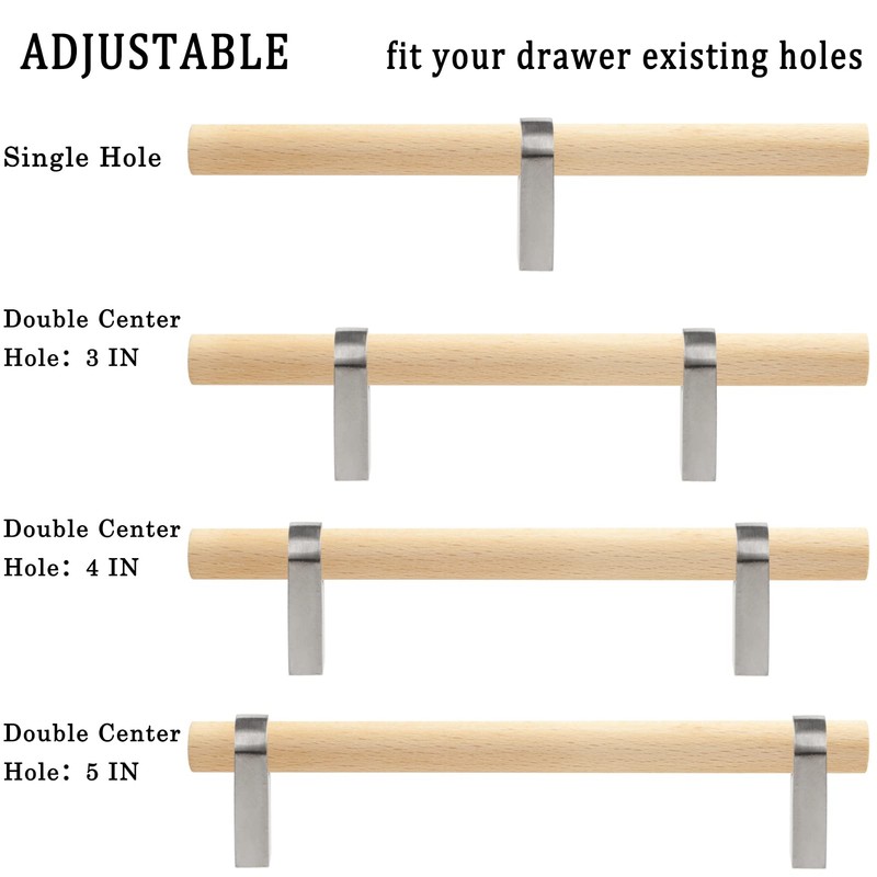 foxwake Wood and Silver Cabinet Handles Pull 10Pcs Adjustable Double