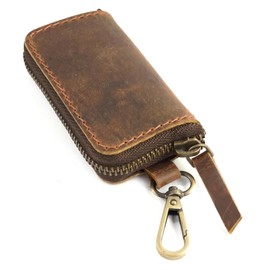 Llavero de piel de grano completo hecho a mano para llaves de coche y cartera con cierre | Llavero con lazo para cinturón, soporte compacto para auriculares, cartera multifuncional, accesorio de piel
