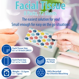 Travel Tissue Packs – 8 Compact 3-Ply Packs (72 Total), Soft Chlorine-Free Facial Tissues for Purse, Car, or School, Gentle & Durable, Non-Bleach, Playful Dog Design