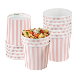 Restaurantware Bio Tek 12 Ounce Soup Containers, 25 Durable Soup Bowls - Disposable, Sustainable, Pink And White Paper Soup Cups, Striped, Round, For Hot Or Cold Foods