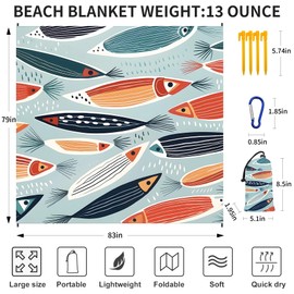 WTVIDAS Large Beach Blanket Waterproof Sandproof 79"x 83" for 1-4 Adults,Quick Drying Beach Mat,Lightweight & Durable,Beach Essentials for Family Beach Camping Travel Picnic(Small Fish)