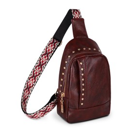 Relang Sling Bag for Women Crossbody, Leather Cross Body Fanny Packs for Women, Trendy Chest Bag for Travel and Daily Use (Burgundy single row rivets), Burgundy single row rivets, Small, Trendy