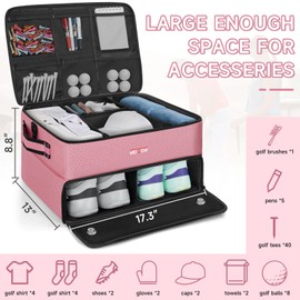ANILD 2 Layer Golf Trunk Organizer to Store Golf Accessories,Equipped with Separate Compartment for 2 Pair Shoes,and Storage for Balls, Tees, Clothes, Gloves, Accessories (Pink)
