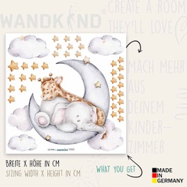 WANDKIND Elephant and Giraffe on the Moon Children's Room Wall Sticker V325 Hand Drawn Sticker Nursery Wall Sticker Decoration with Stars (40 x 40 cm)