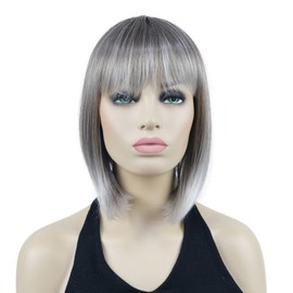 Lydell 10" Short Straight Bob Hair Wigs with Bangs No Part Full Synthetic Hair Cute Wigs (48T Light Gray with Dark Root)
