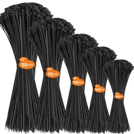 DUNSOO Pack of 600 Black Cable Ties Set 100/150/200/250/300 mm Cable Ties UV Resistant Temperature Resistant Chemical Resistance Cable Ties Heavy Duty Strong Zip Ties