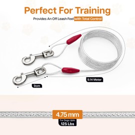 30ft Dog Tie Out Cable for 125lb Dogs with 360° Swivel Lockable Hook and PVC Coating | Outdoor Training Lead | Durable Pet Runner Tether | Tie Out Cable for Dogs