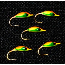 Quality Ice Jigs 5*MOON GLOW*ICE FISHING JIGS* SIZE #10 HOOK*HAND MADE & PAINTED PICK YOUR COLOR - Orange/Pearl Glows White