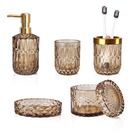 LaMarriti Brown Bathroom Accessories Set, 5Pcs Glass Bathroom Set, Lotion Soap Dispenser, Toothbrush Holder, Soap Dish, Qtips Holder, Tumbler for Crystal Vintage Bathroom Decor, Gift Set