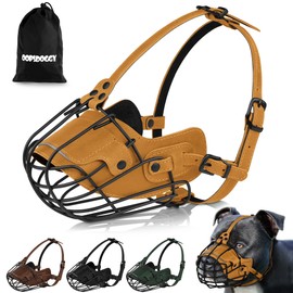 OOPSDOGGY Metal Pitbull Dog Muzzle Reflective Leather Mask Secure Wire Basket Muzzle for Large Sized Dogs Amstaff Soft Cage Muzzle to Prevent Biting Chewing with Adjustable Straps (Camel, Pitbull)