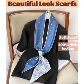 Kcctoo Bufanda de seda de morera de 27.5 pulgadas para mujer, bufanda de satén con cuello cuadrado para bolsa, bufandas de pelo, regalo, I15 Azul / Conejo 59 x 5.9 pulgadas, 59” x 5.9”/150 x 15cm