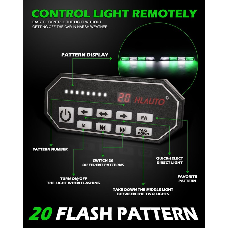 HLauto 604N Emergency Dash Strobe Lights: 2x16.8 inch Green White