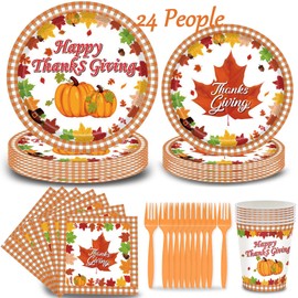 Thanksgiving Plates and Napkins Sets 120 Pcs, 9″ 7″ Plates Paper Napkins Cups Plastic Forks, Maple Leaf Pumpkin Disoposable Dinnerware for Fall Thanksgiving Party Supplies Friendsgiving Tableware