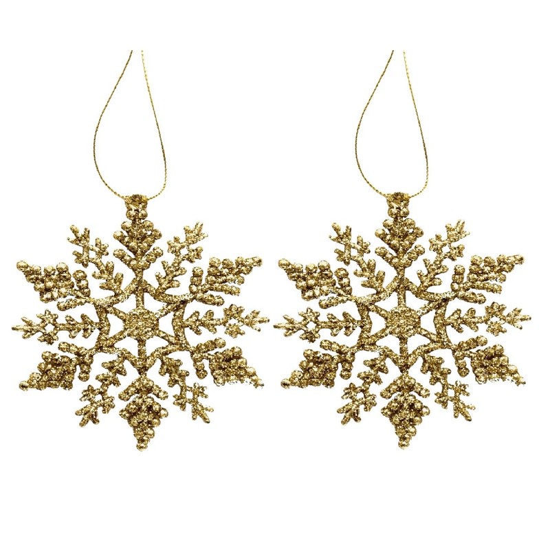 12pk Glitter Snowflake Hanging Decorations, Christmas Tree Snowflake Baubles/Ornaments (Gold)