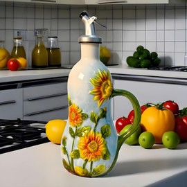 Windefun 18.26oz/540ml Ceramic Olive Oil Dispenser Bottle,Hand Painted Reliefs Oil Dispenser for Kitchen,Oil Bottles for Kitchen (Sunflower)