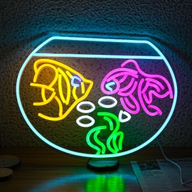 JLEWUINH Fish Tank Neon Sign USB Goldfish Shape Neon Light for Aesthetic Decor LED Koi Light Up Signs for Living Room Man Cave Fish Store Bar Wall Decor(16.5”*12.6”)
