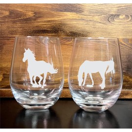 HORSE Wine Glasses - Set of 4 Unique HORSE Silhouette Designs LASER ENGRAVED - Gift for equine enthusiasts!