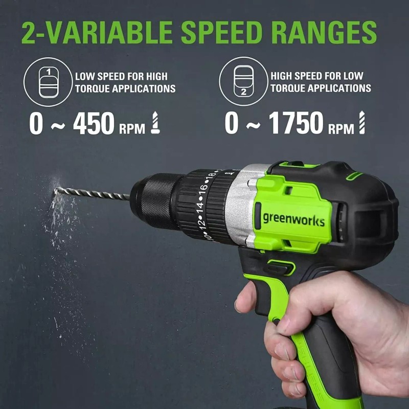 Greenworks 24V 1/2 in Hammer Drill 530 in-lbs w/ 2Ah