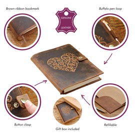 Embossed Heart Genuine Buffalo Leather Refillable Journal - Handcrafted Notebook for Men & Women with Pen Holder Includes Unlined Recycled Cotton Paper or Lined FSC Paper (Unlined paper)