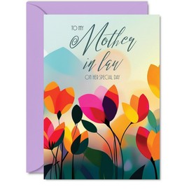 Mother in Law Birthday Card - Vibrant Summer Flowers - Vivid Happy Birthday Card for Mother in Law from Daughter Son, A5 Female Floral Bday Golden Greeting Cards