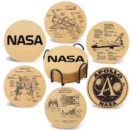 Cegkuc Coasters for Drinks with Holder Set of 6, NASA Absorbent Cork Coaster with Space Shuttle Design for Cup Desk Office Table Kitchen Decor House Warming Gifts for New Home Couples, Round 4"