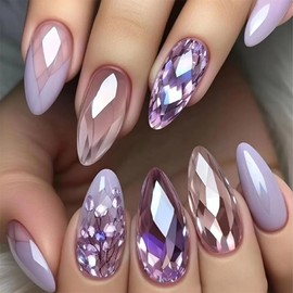 24Pcs French False Nails Short，Light Purple Crystal False Nails with Glue Removable Stick on Nails for Women Girls Nail Art Accessories