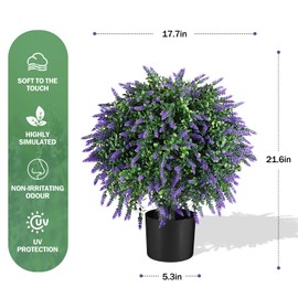 21.6”T Artificial Lavender Topiary Ball Trees Set of 2 Pack, Outdoor Artificial Shrubs Fake Plants UV Resistant Potted Plants for Outdoor, Indoor, Garden Décor.