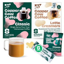 Copper Cow Coffee Pour Over Vietnamese Coffee Pouches + Sweetened Condensed Milk Creamers (8 Coffees & 8 Milk Creamers) | Classic Black Lattes, No Refrigeration Needed, Travel Friendly Ground Coffee
