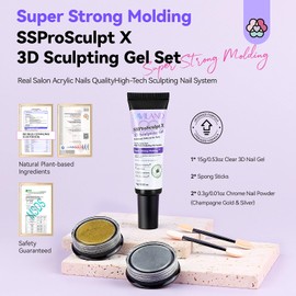 SAVILAND 3D Nail Gel & Chrome Nail Powder Kit: 15g No Wipe Clear 3D Sculpting Gel for Nail Art, 3D Carving Nail Molding Gel & Metallic Chrome Powder Set for Gel Nail Art Decoration Home Manicure DIY