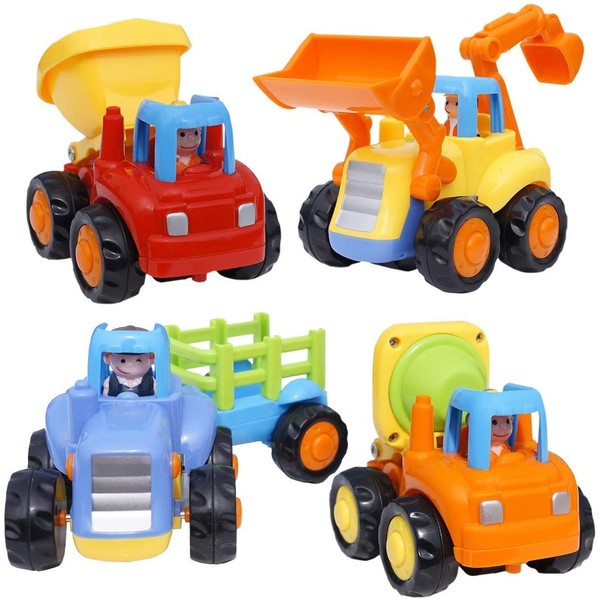 CifToys Friction Powered Cars - Push and Go Toys Car Construction Vehicles Toys for Age 18 Month 2 3 4 5 Year Old Girls Boys Age Toddler Gift Set of 4 Tractor, Cement Mixer, Bulldozer & Dump Truck